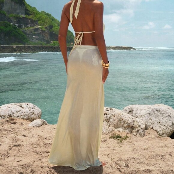 Apricot Sexy Women's Solid Knit Plunge Neck Backless Top & Fishtail Skirt Set - Picture 4 of 8